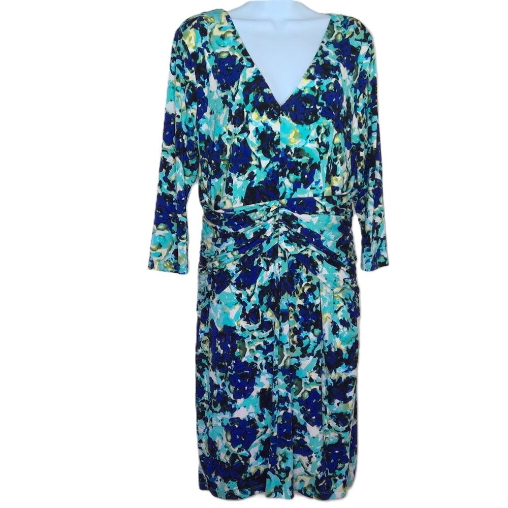 Ann Taylor Floral Dress 3/4 Sleeve V Neck Blue Green & White Lined Stretch Sz 14